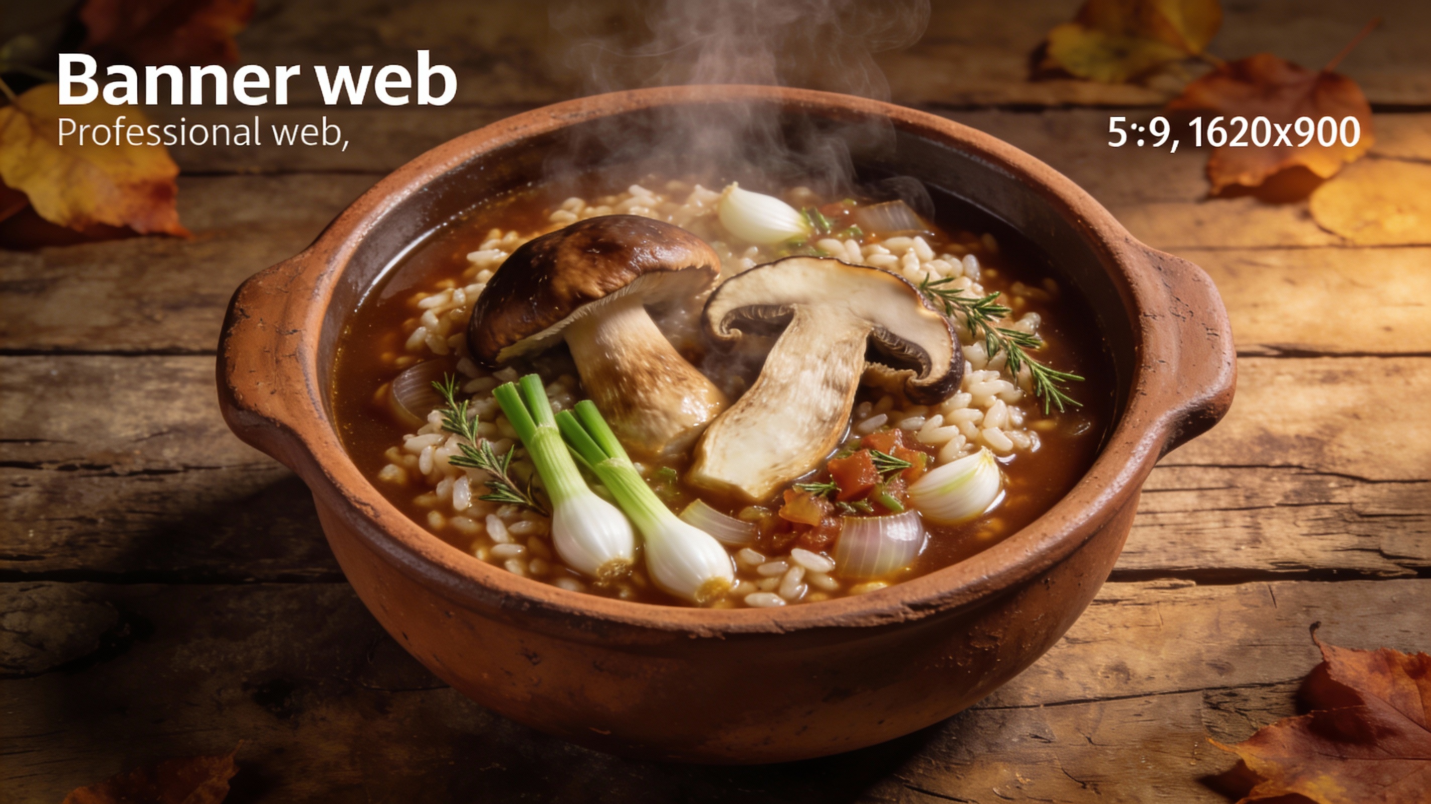 Arroz caldoso de boletus y ajos tiernos humeante en cazuela de barro