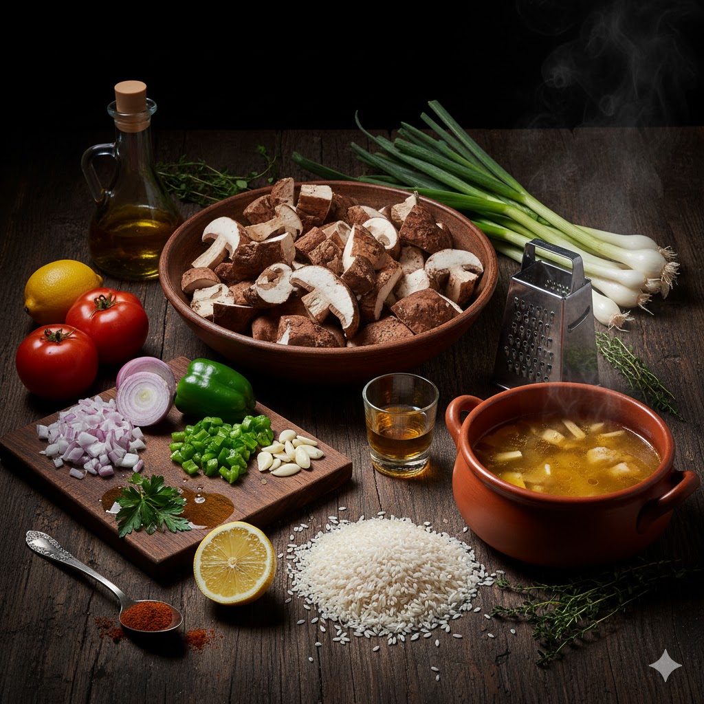 Ingredientes: boletus limpios, ajos tiernos, arroz bomba y verduras para sofrito