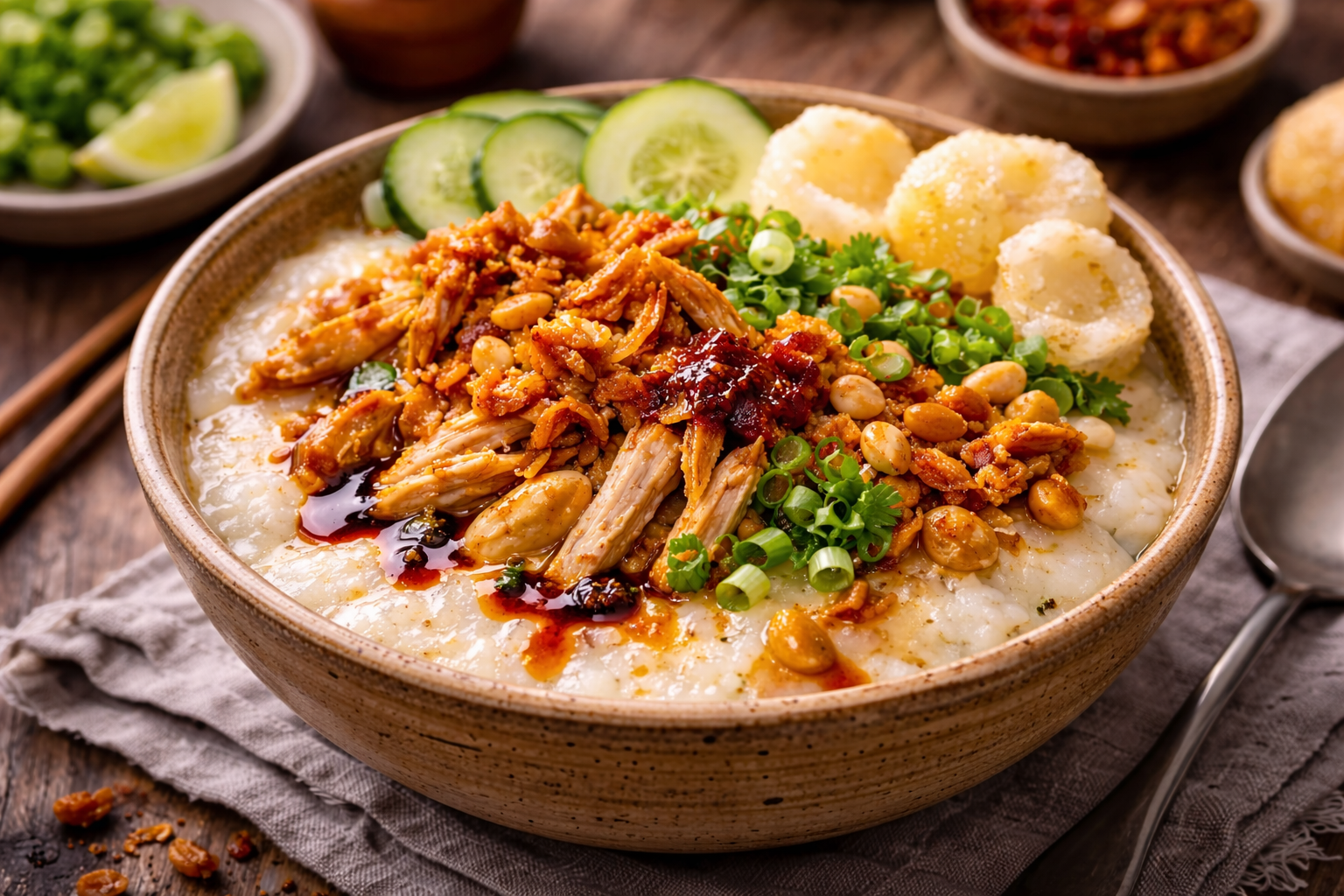 Bubur ayam servido con pollo desmigado, chalota frita, cacahuetes y kecap manis