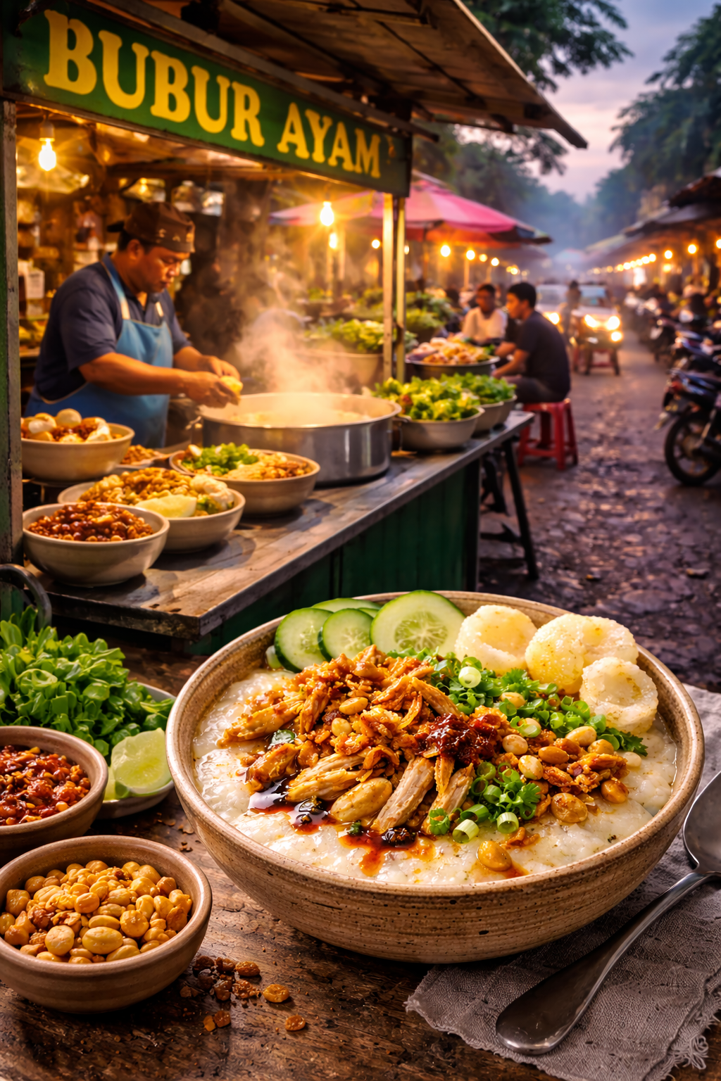 Bubur ayam en un ambiente urbano indonesio al amanecer, con puesto callejero humeante