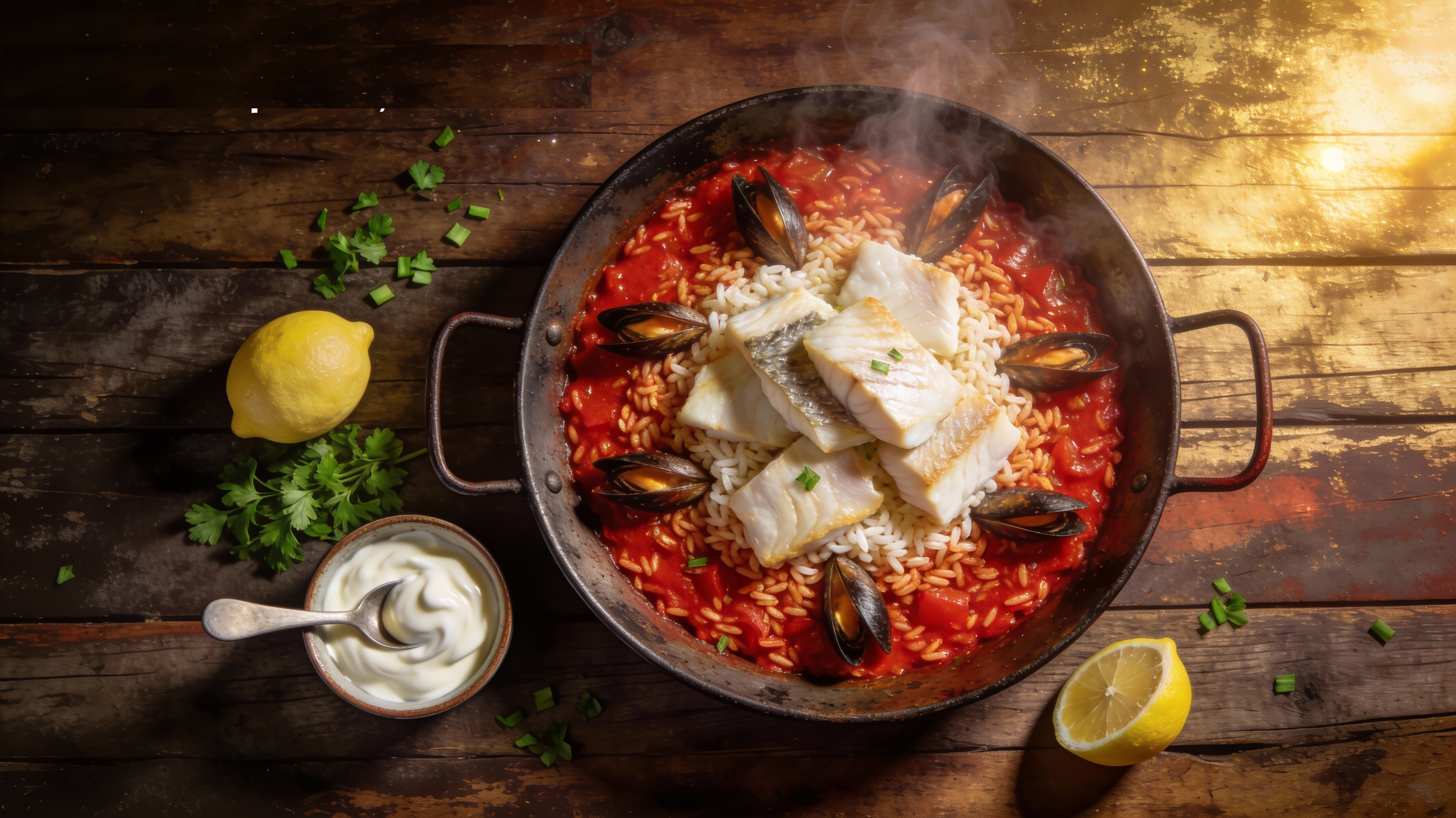 Caldero murciano: arroz meloso con base de ñoras, servido con pescado y alioli