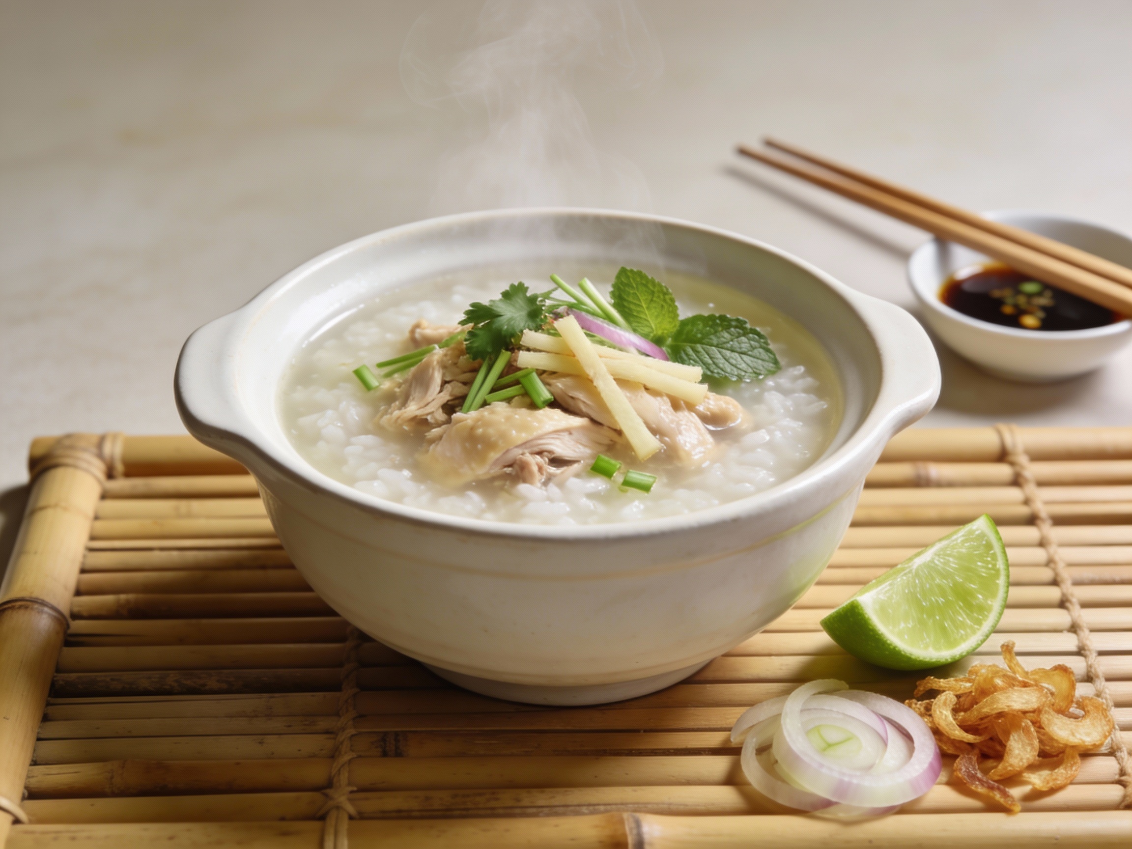 Cháo vietnamita (cháo gà) servido en cuenco con pollo desmigado, jengibre, hierbas frescas y lima