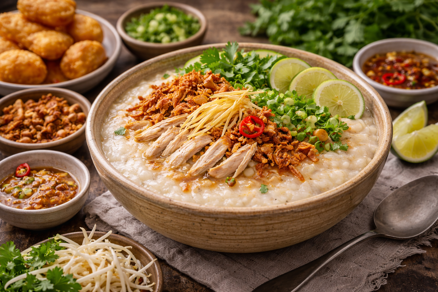 Cháo vietnamita servido con pollo desmigado, jengibre fresco, hierbas y lima
