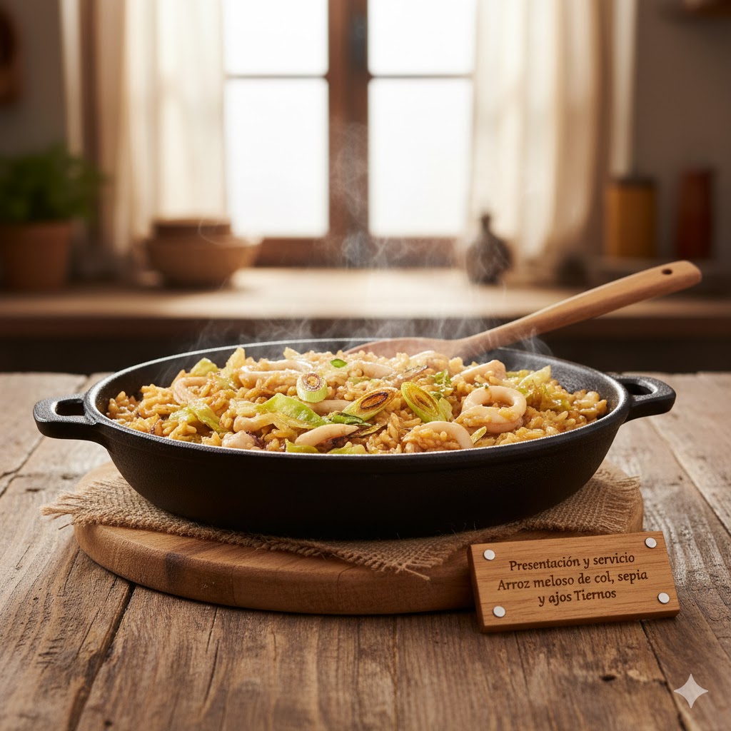 Arroz meloso de col, sepia y ajos tiernos servido