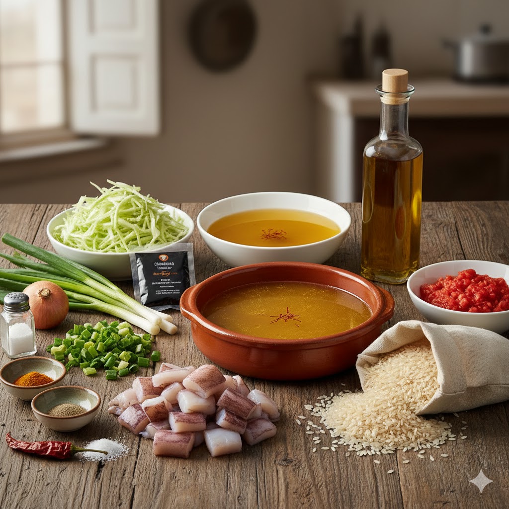 Ingredientes para arroz de col, sepia y ajos tiernos