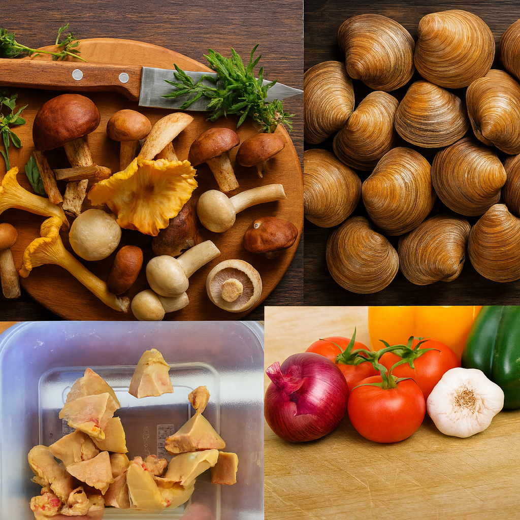 Ingredientes gourmet: almejas, boletus frescos, foie gras, sepia y arroz bomba