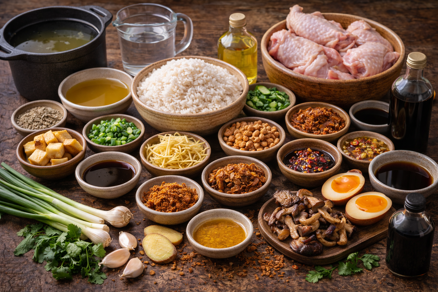 Ingredientes del congee chino: arroz, jengibre, cebolleta y toppings variados
