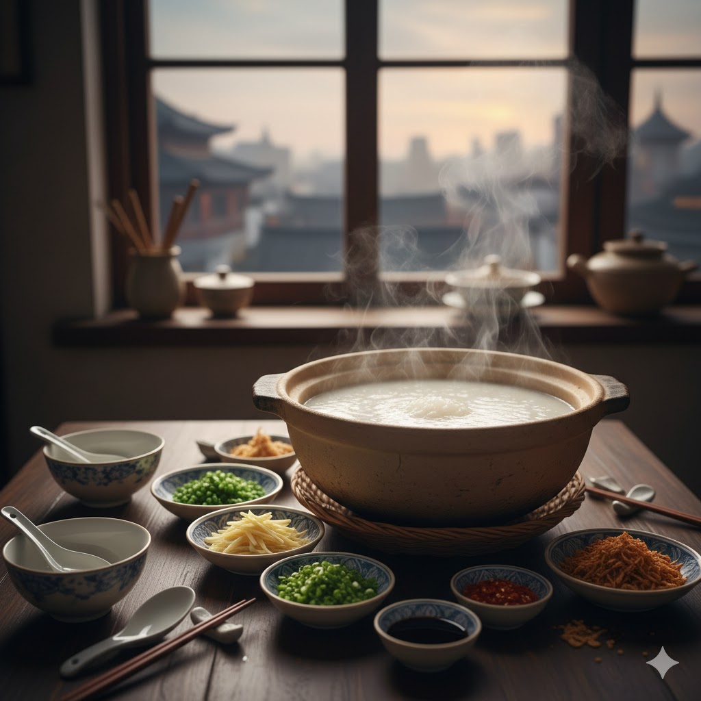 Congee chino en un entorno de desayuno tradicional, con mesa de toppings y vapor