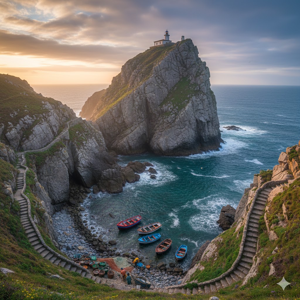 Costa cantábrica con acantilados y barcas de pescadores