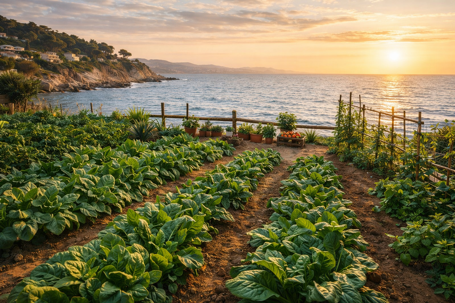 Huerto junto al mar mediterráneo con espinacas creciendo