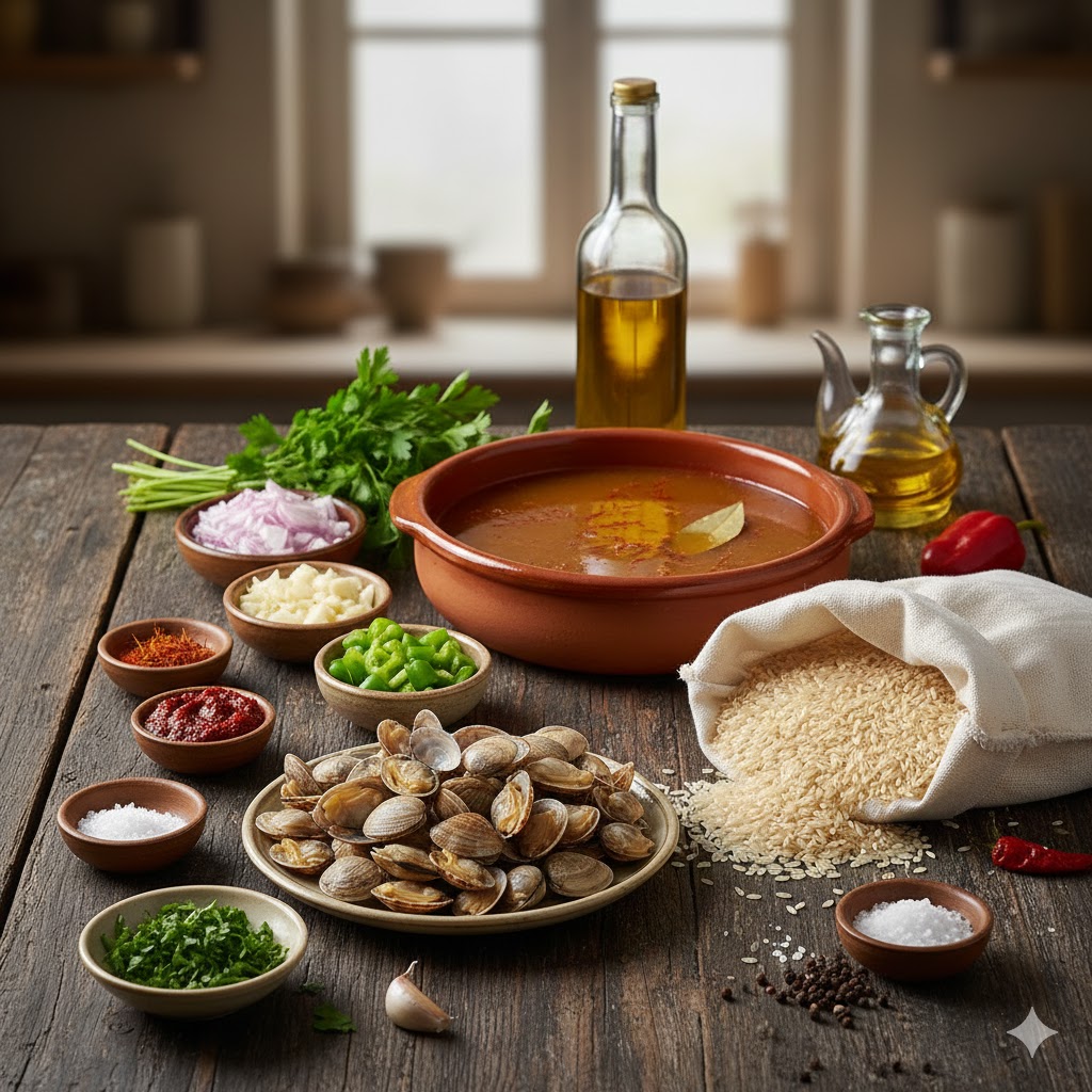 Ingredientes para arroz con almejas: almejas vivas, arroz bomba, caldo de pescado, azafrán