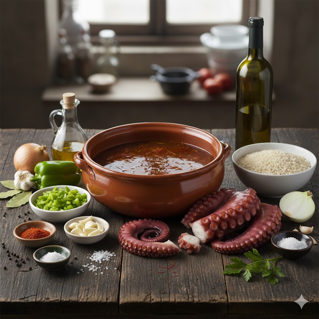 Ingredientes para arroz caldoso con pulpo: pulpo, arroz bomba, pimentón, ajos y verduras