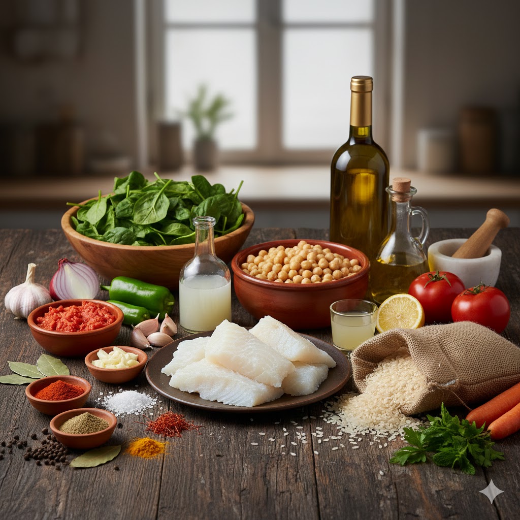 Ingredientes: bacalao desalado, espinacas frescas, garbanzos cocidos, especias