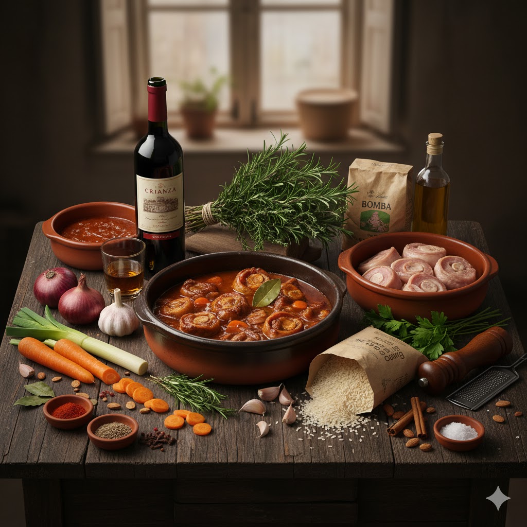 Ingredientes: carrilleras de cerdo, arroz, vino tinto, especias aromáticas