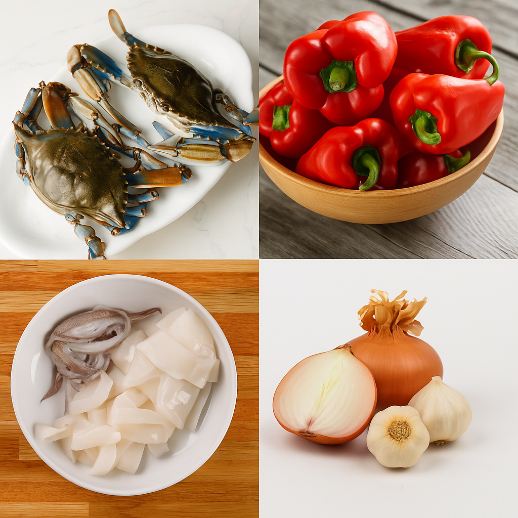 Ingredientes gourmet: cangrejos azules vivos, sepia, arroz bomba, especias