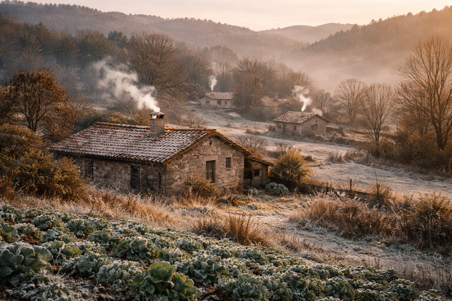 Paisaje invernal del campo español con chimeneas humeantes