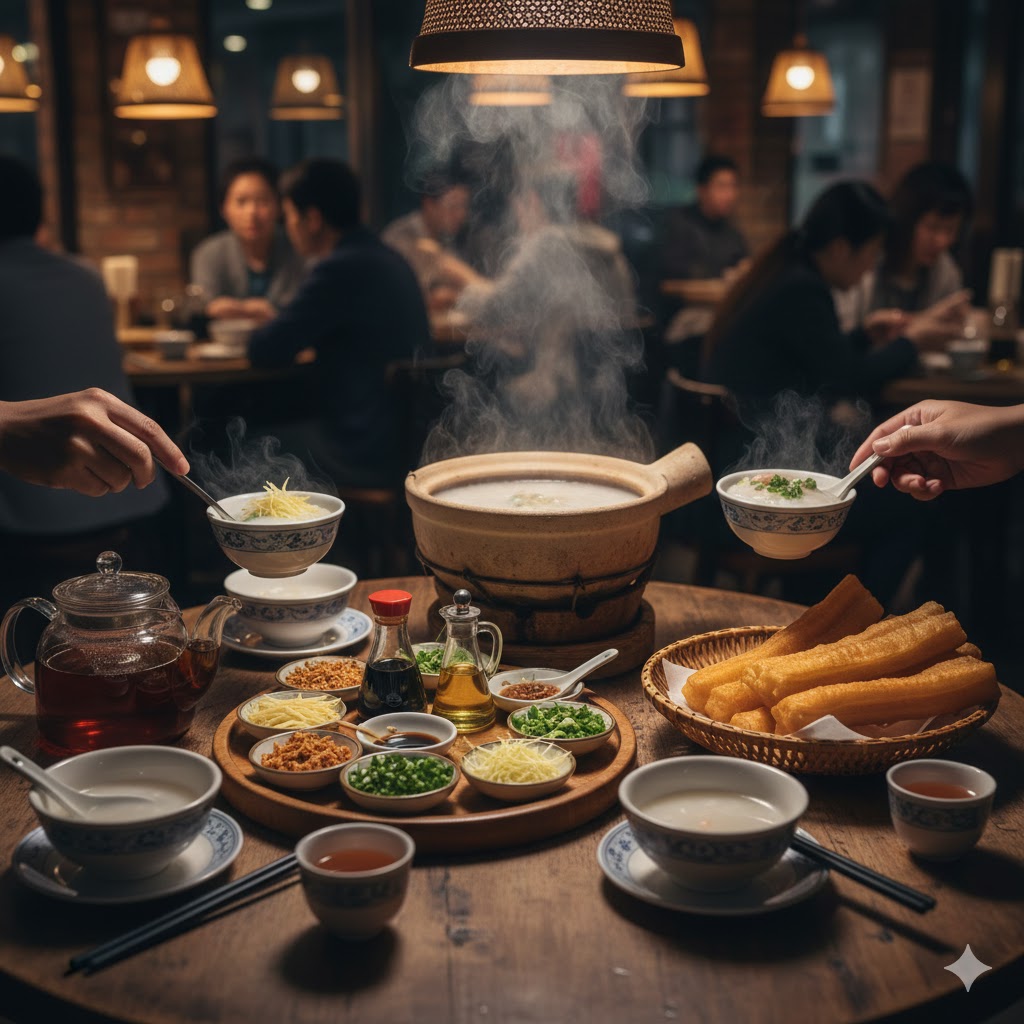 Jook presentado estilo hongkonés con pescado, jengibre juliana, cebollino y youtiao al lado