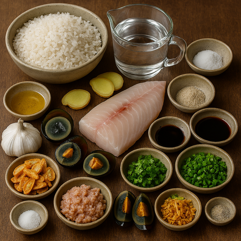 Ingredientes para jook hongkonés: arroz de grano corto, filete de pescado blanco, jengibre fresco, cebollino
