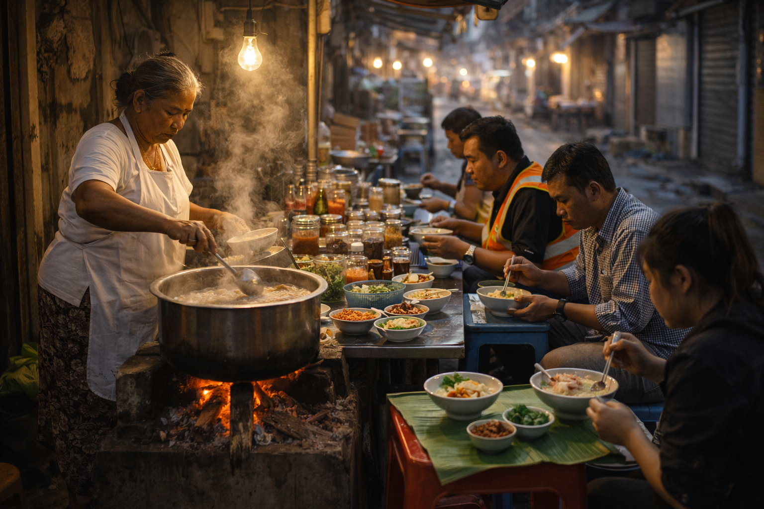 Puesto callejero de khao tom en Bangkok temprano por la mañana con clientes en taburetes
