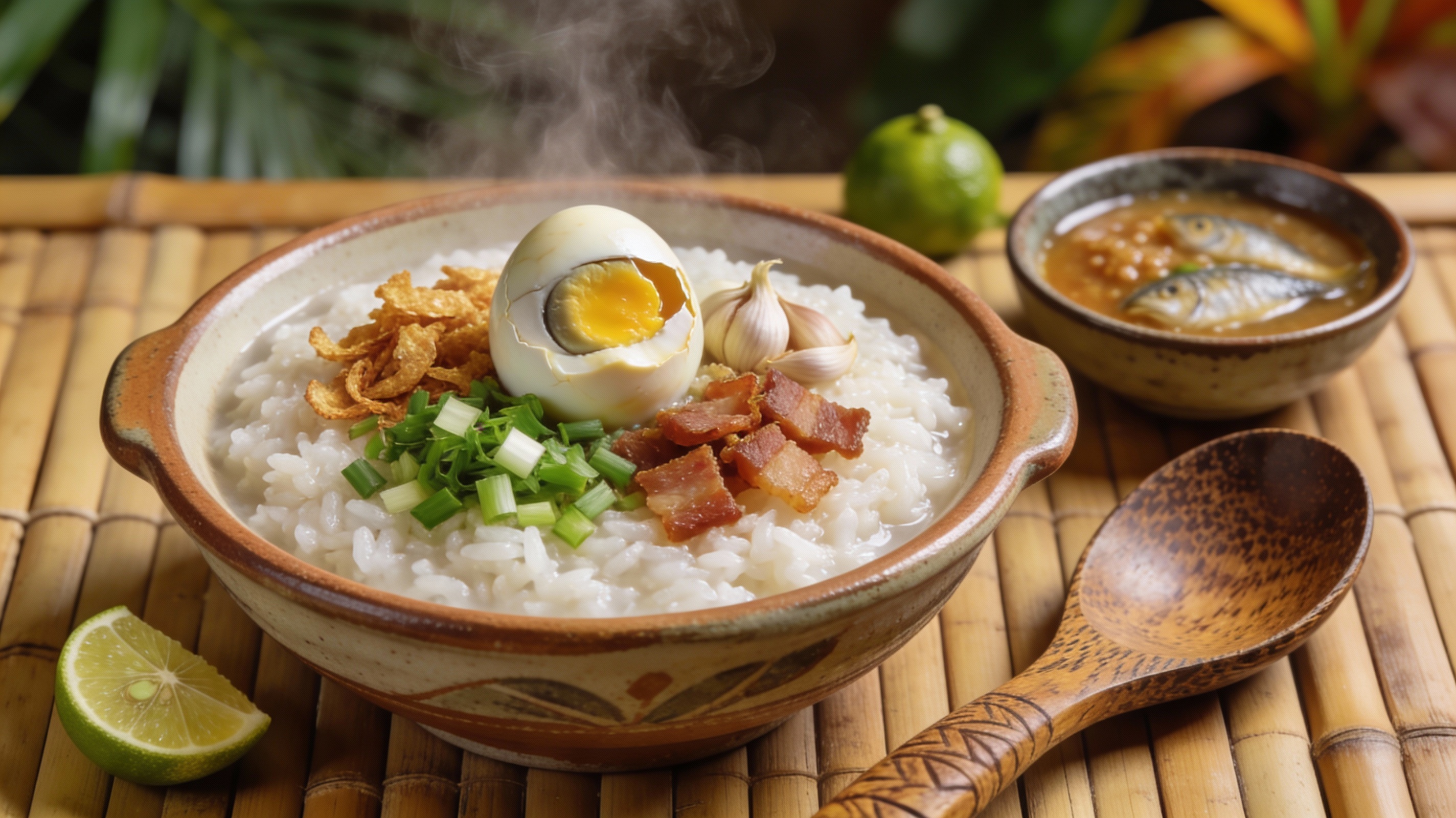 Lugaw filipino servido en cuenco con huevo de siglo, ajo frito, cebollino y tocinillo crujiente