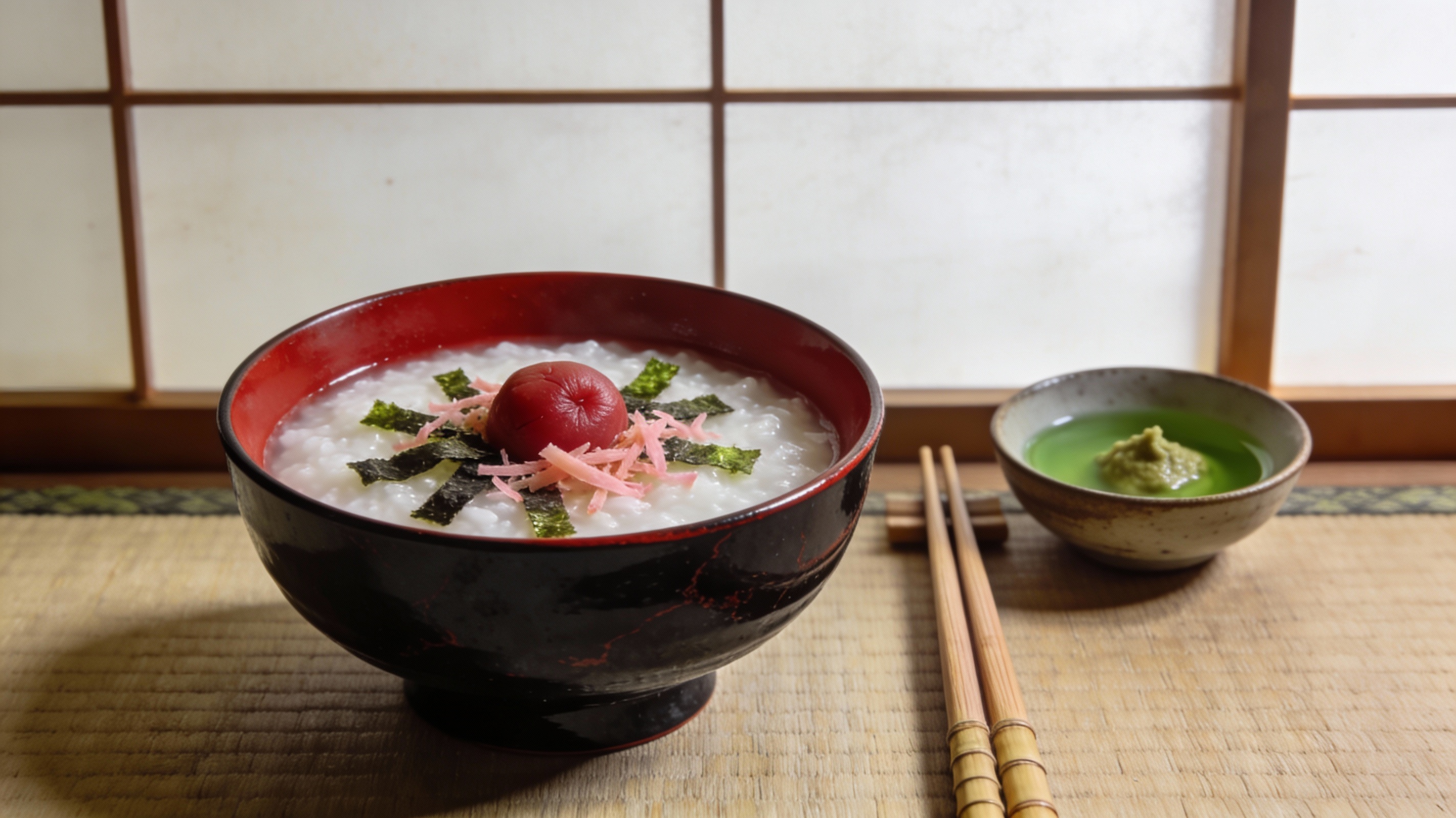 Okayu japonés servido en cuenco lacado con umeboshi, jengibre rallado y nori tostado