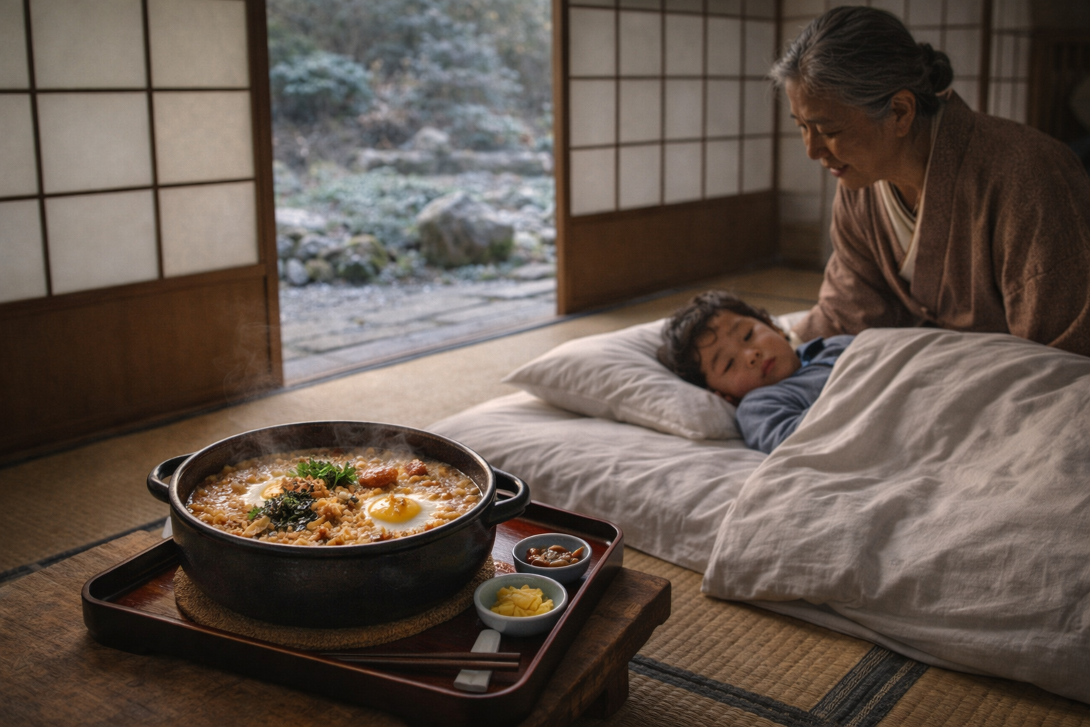 Habitación tradicional japonesa con cuenco de okayu en bandeja sobre tatami junto a ventana con jardín