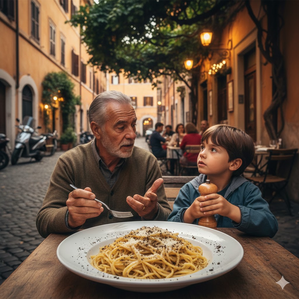 Trattoria en el Trastevere romano con platos de cacio e pepe en mesas callejeras