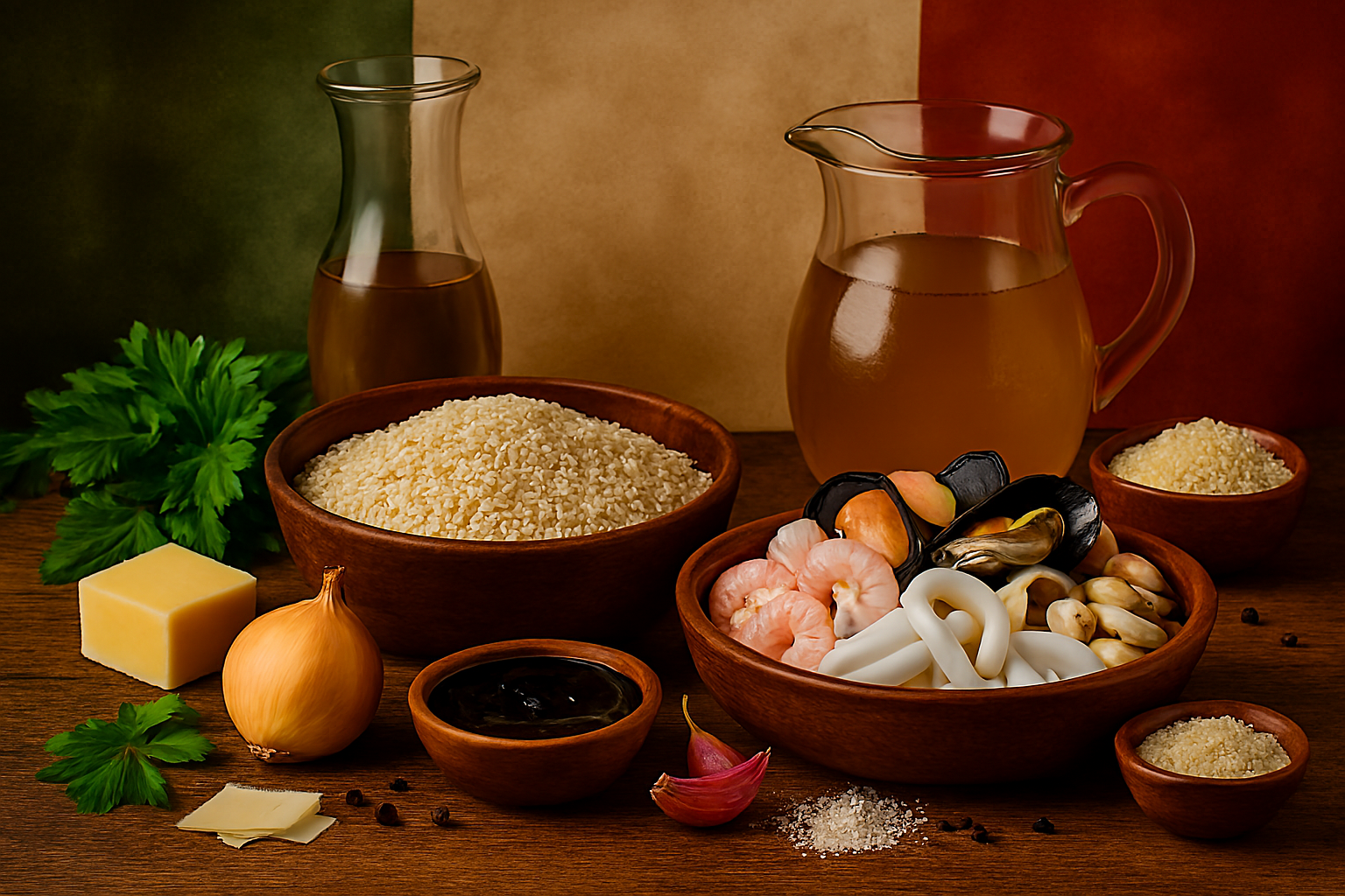 Ingredientes para risotto frutti di mare: arroz arborio, mariscos frescos, vino blanco y hierbas
