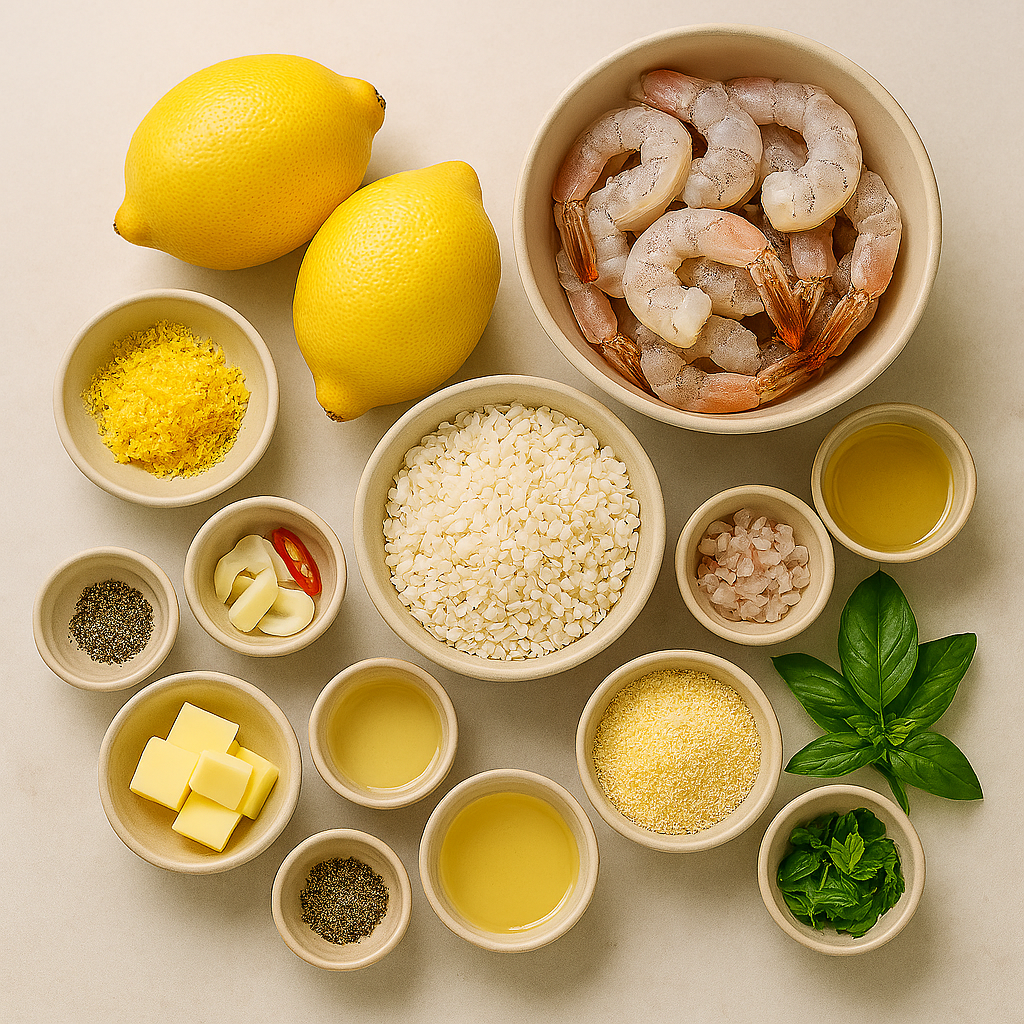 Ingredientes para risotto limone e gamberi: limones frescos, gambas, arroz carnaroli, vino blanco, hierbas frescas