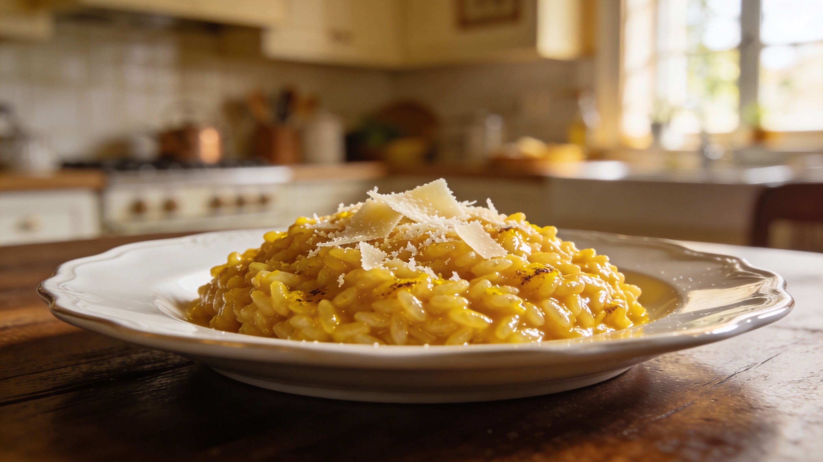 Risotto Milanese dorado con azafrán servido en plato con queso parmesano