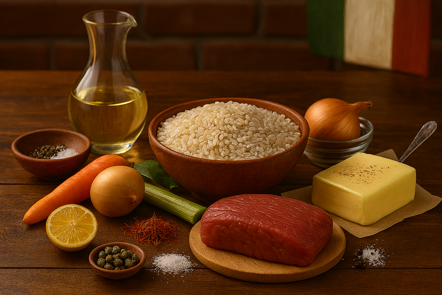 Ingredientes para risotto alla milanese: arroz carnaroli, azafrán en hebras, queso parmesano, vino blanco