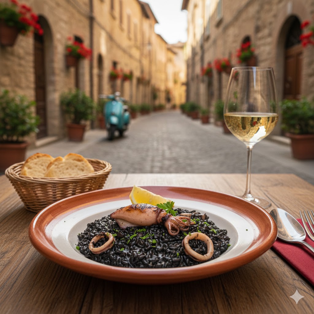 Risotto al Nero di Sepia servido en plato blanco con sepia y perejil fresco
