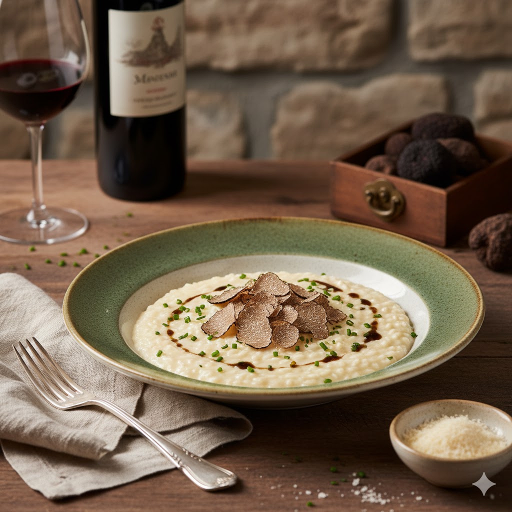 Risotto Parmesano e Tartufo servido en plato blanco con generosas lascas de trufa negra fresca