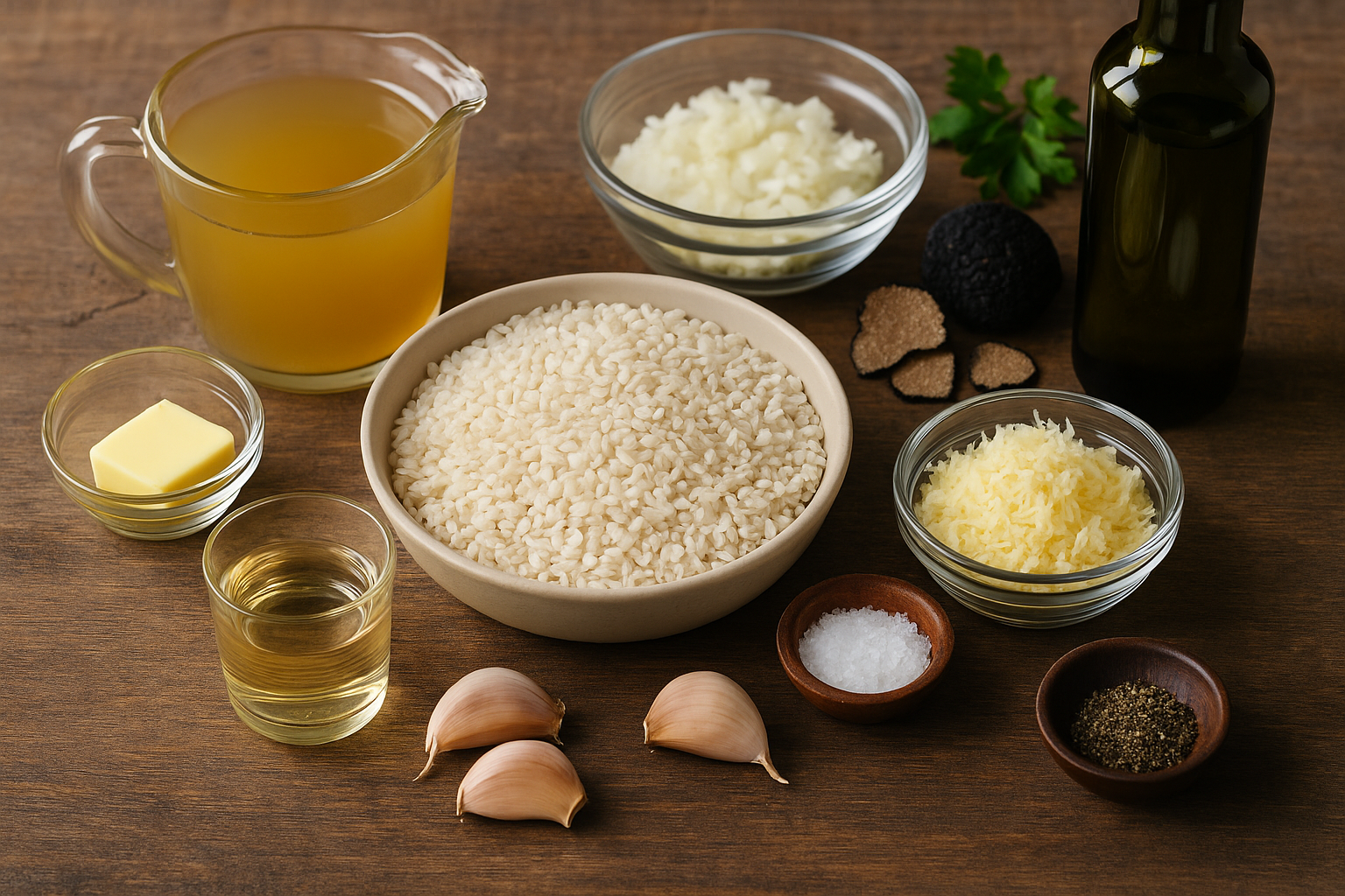 Ingredientes para risotto parmesano e tartufo: trufa negra fresca, queso parmigiano reggiano envejecido, arroz carnaroli, vino blanco
