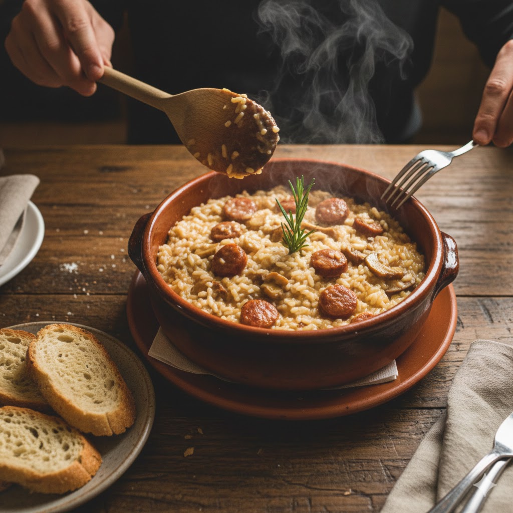 Risotto Salsiccia e Funghi servido en cazuela de barro con salchicha dorada y setas salteadas