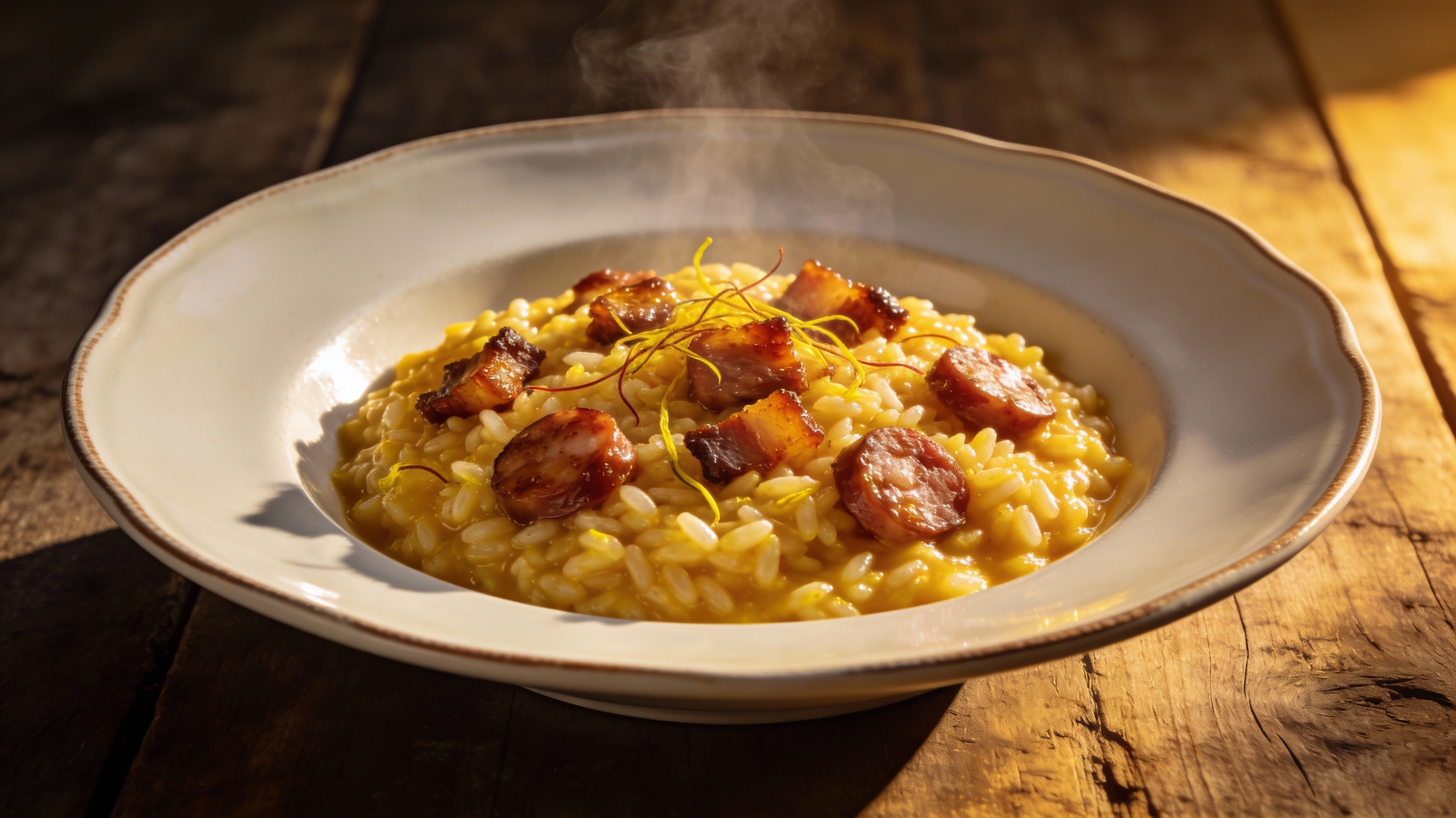 Risotto Zafferano e Salsiccia dorado con salchicha italiana desmigada y aroma de azafrán