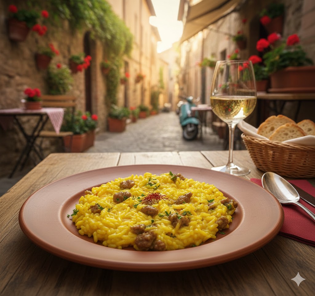 Risotto Zafferano e Salsiccia servido en plato blanco con salchicha dorada y color amarillo azafrán intenso