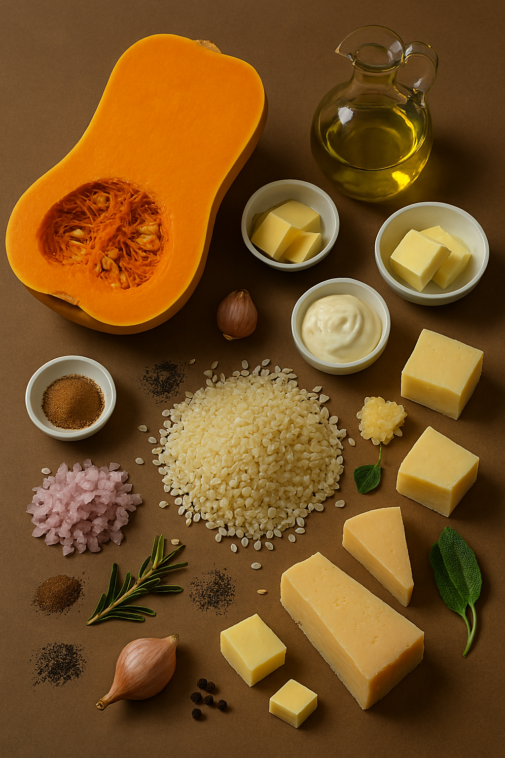 Ingredientes para risotto alla zucca: calabaza butternut, arroz vialone nano, quesos, nuez moscada, hierbas