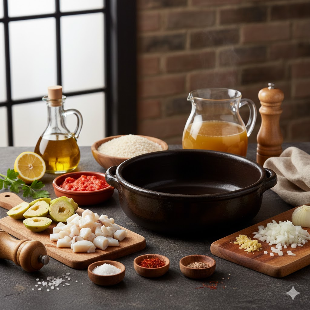 Ingredientes principales: sepia troceada, corazones de alcachofa, arroz bomba, pimentón, azafrán y caldo