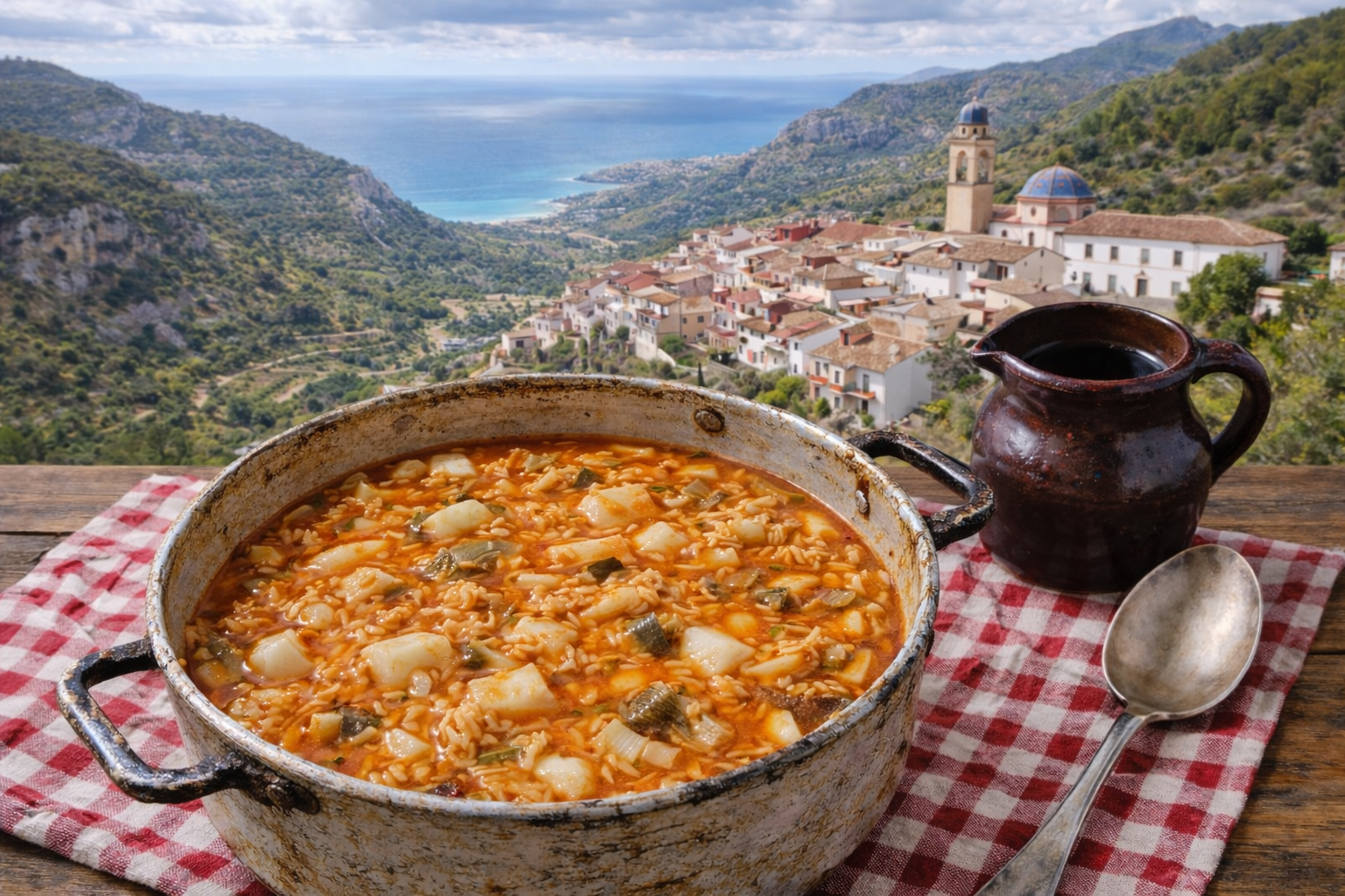 Costa mediterránea con campos de alcachofas y barcas de pesca