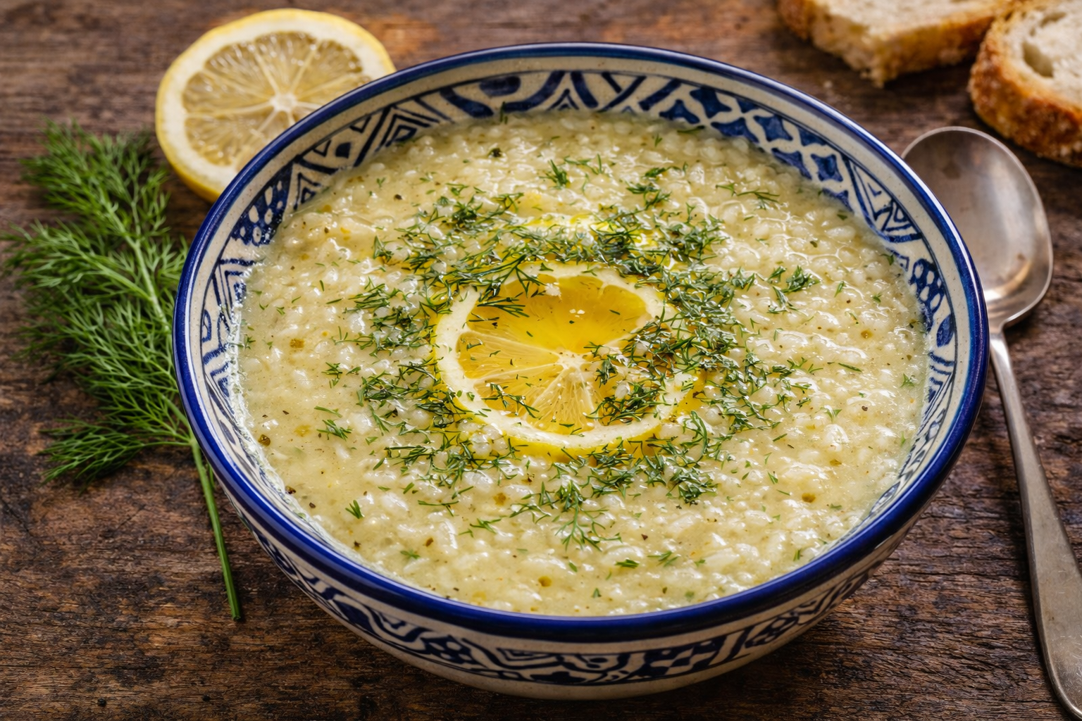 Sopa de arroz con limón presentada en cuenco de cerámica con eneldo fresco y aceite de oliva