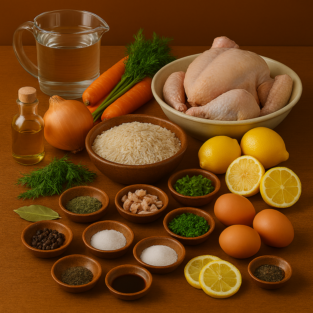 Ingredientes para sopa de arroz con limón: pollo, limones, huevos, arroz, eneldo y aceite de oliva