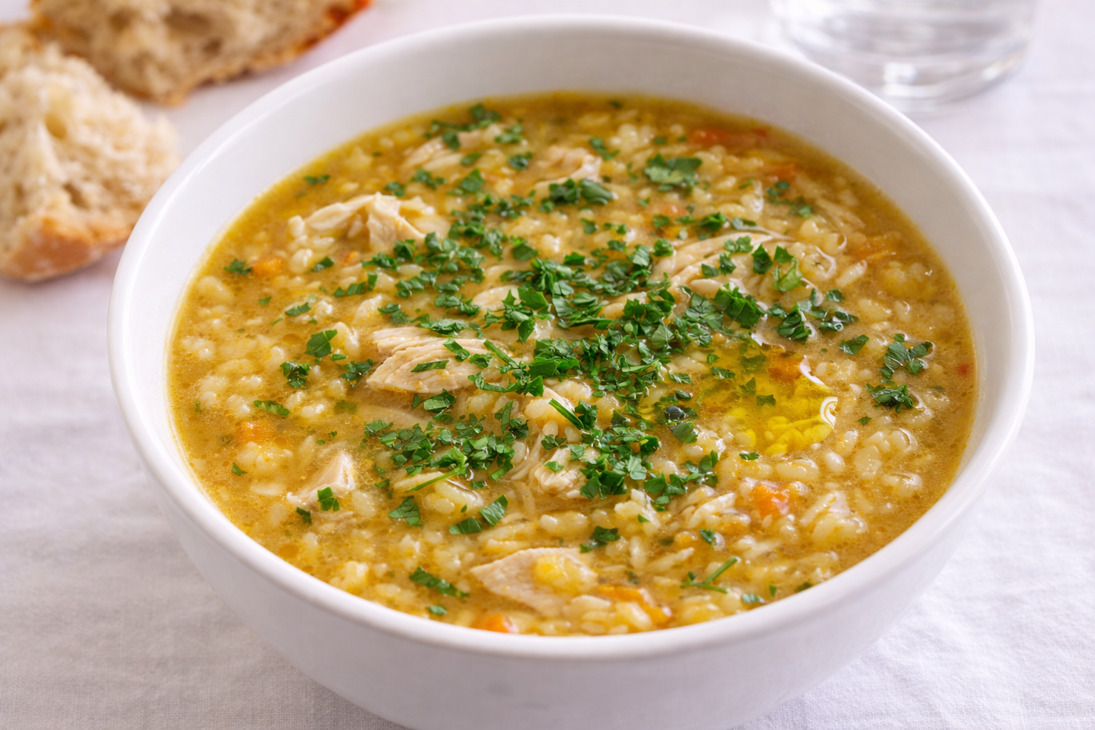 Sopa de arroz con pollo presentada en cuenco blanco con perejil fresco