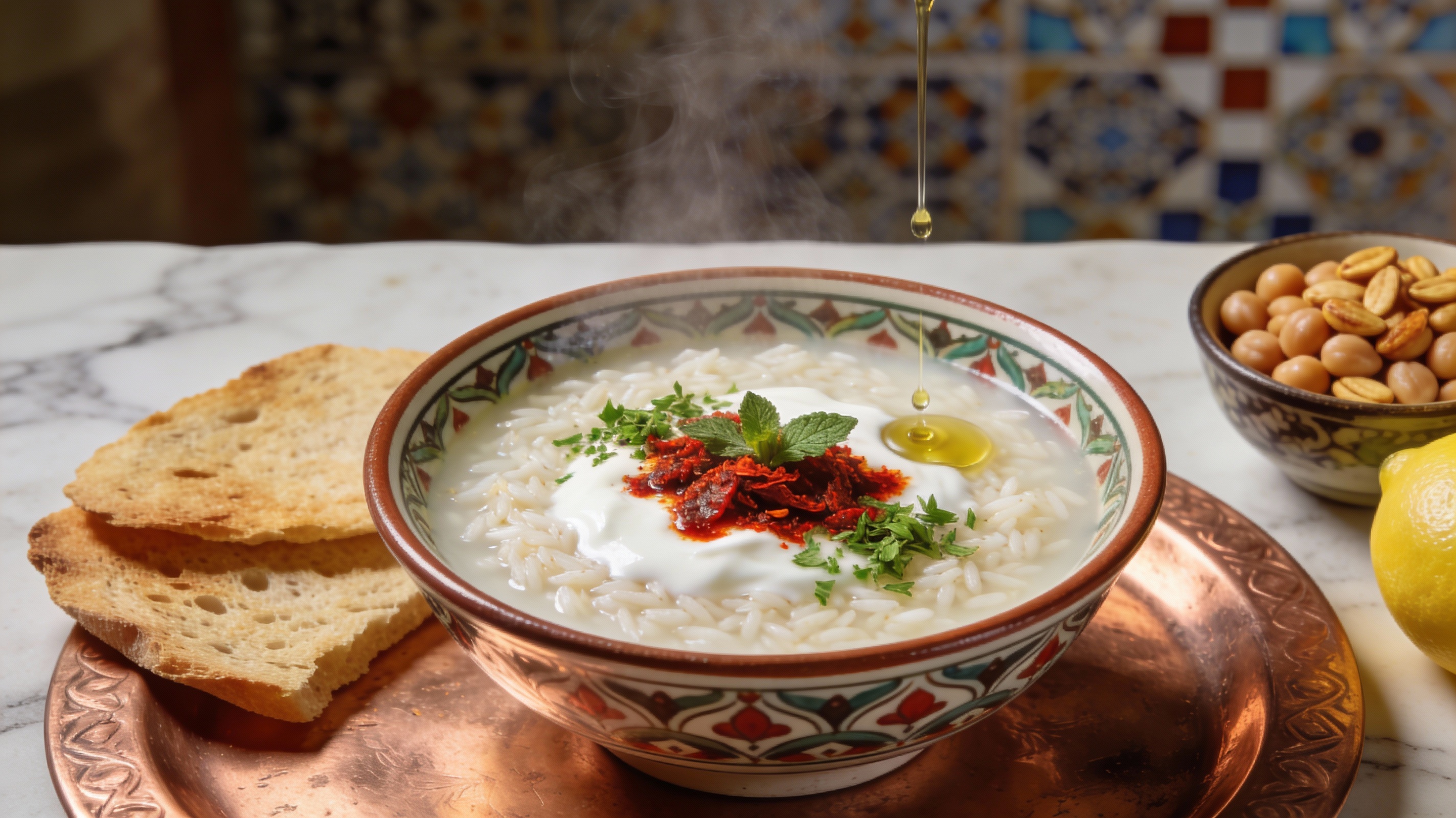 Sopa de arroz con yogur turca servida en cuenco con aceite de pimentón y menta fresca