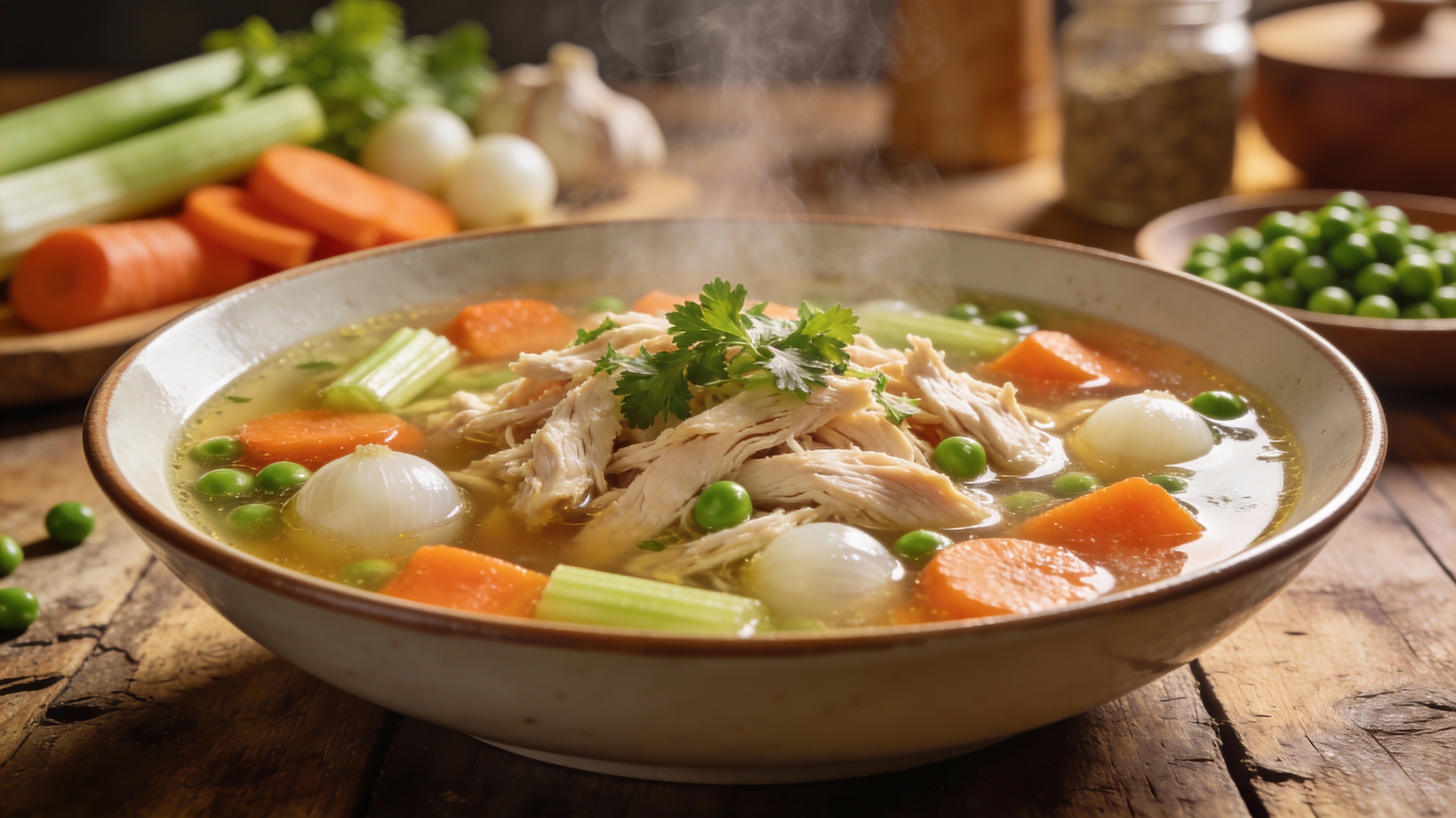 Sopa de pollo con verduras servida en cuenco con pollo desmenuzado y verduras frescas