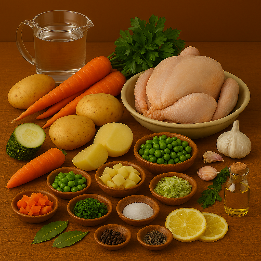 Ingredientes para sopa de pollo con verduras: pollo, zanahorias, apio, cebolla, patatas y hierbas frescas
