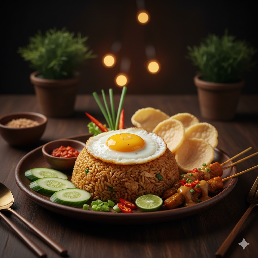Nasi Goreng presentado en plato con huevo frito perfecto, crupuk, pepino y decoración tradicional