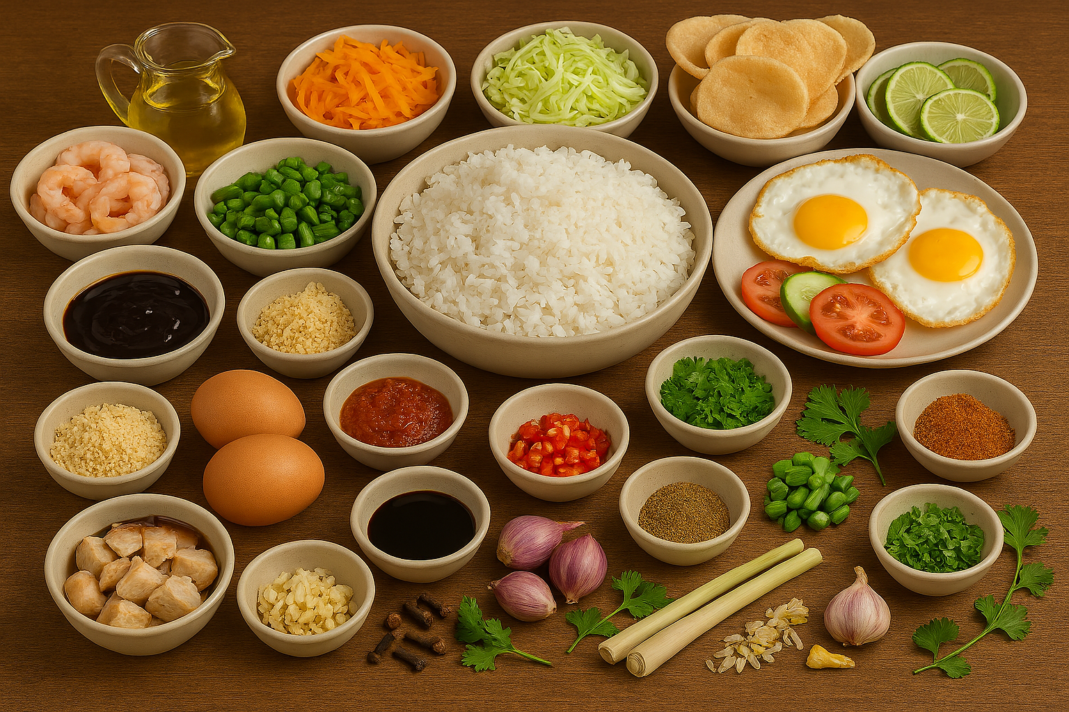 Ingredientes para Nasi Goreng: arroz, kecap manis, pasta de camarón, hierba de limón, chiles y vegetales