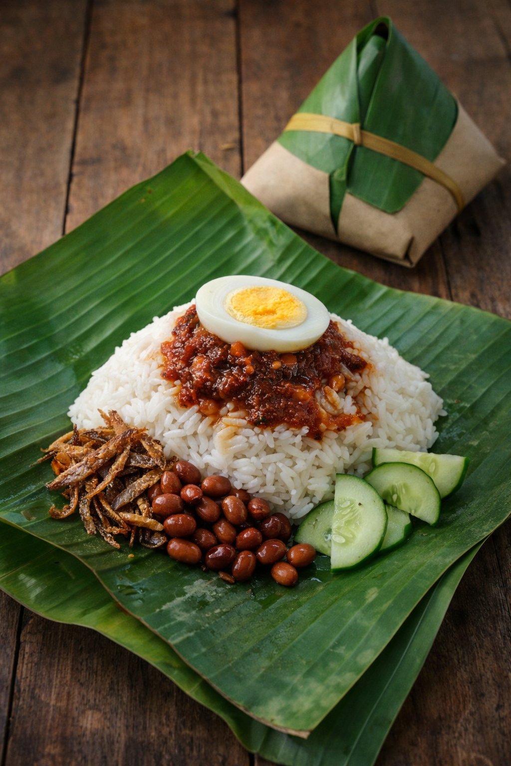 Nasi Lemak presentado tradicionalmente en hoja de plátano triangular, desenvuelto para mostrar todos los componentes