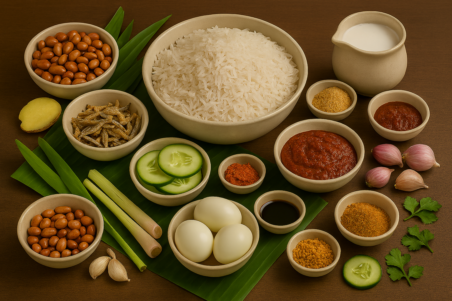 Ingredientes para Nasi Lemak: arroz jazmín, leche de coco, hojas de pandan, anchoas, cacahuetes y chiles